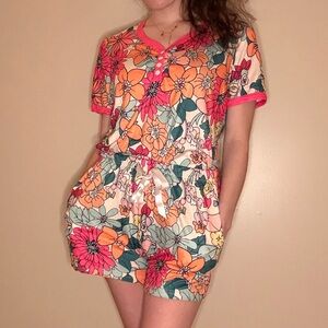 Floral Short Sleeve Pajama Set in Pink, Coral & Teal